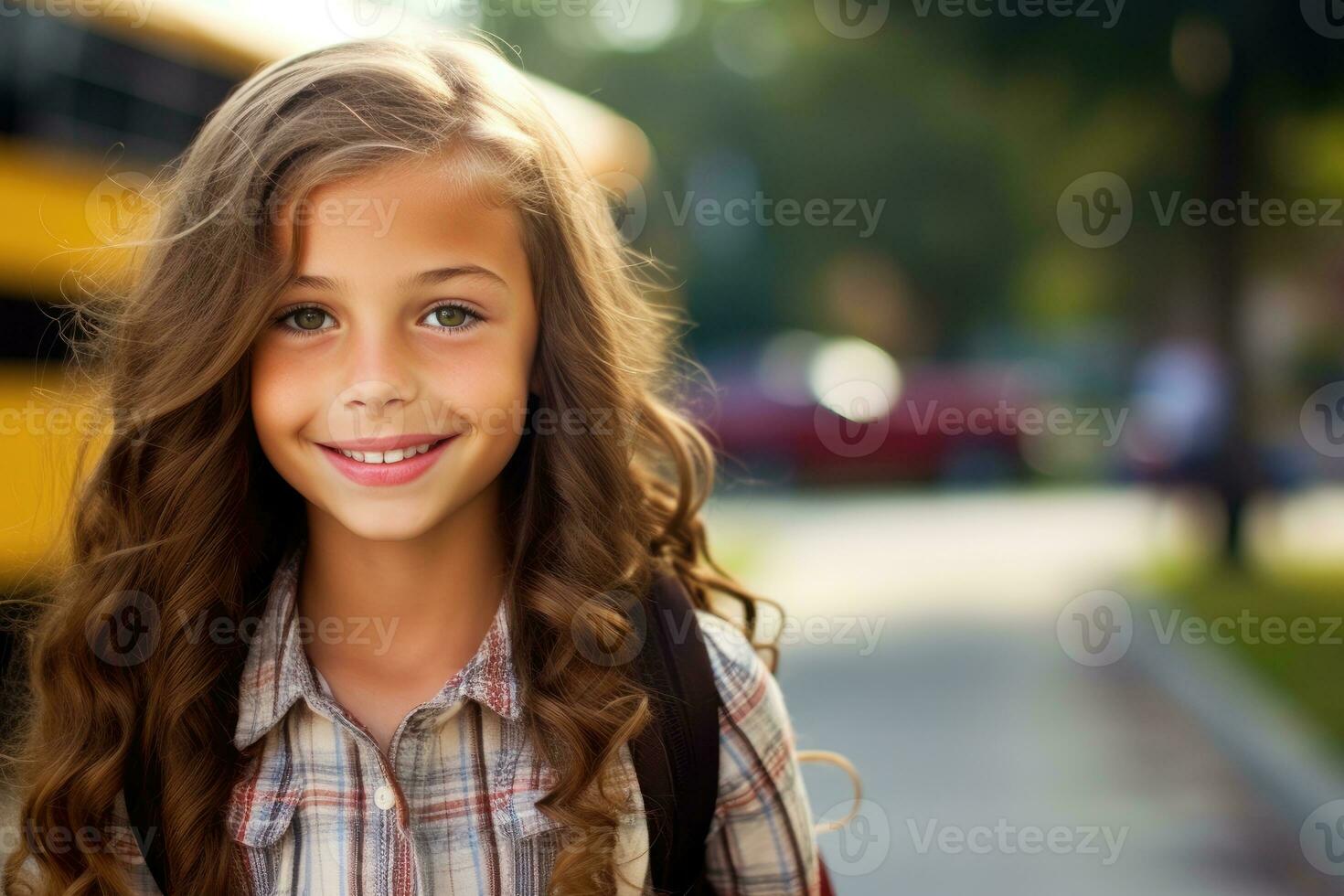 A young girl as she poses close - up with her school backpack waiting in front of a yellow school bus. Generative AI photo