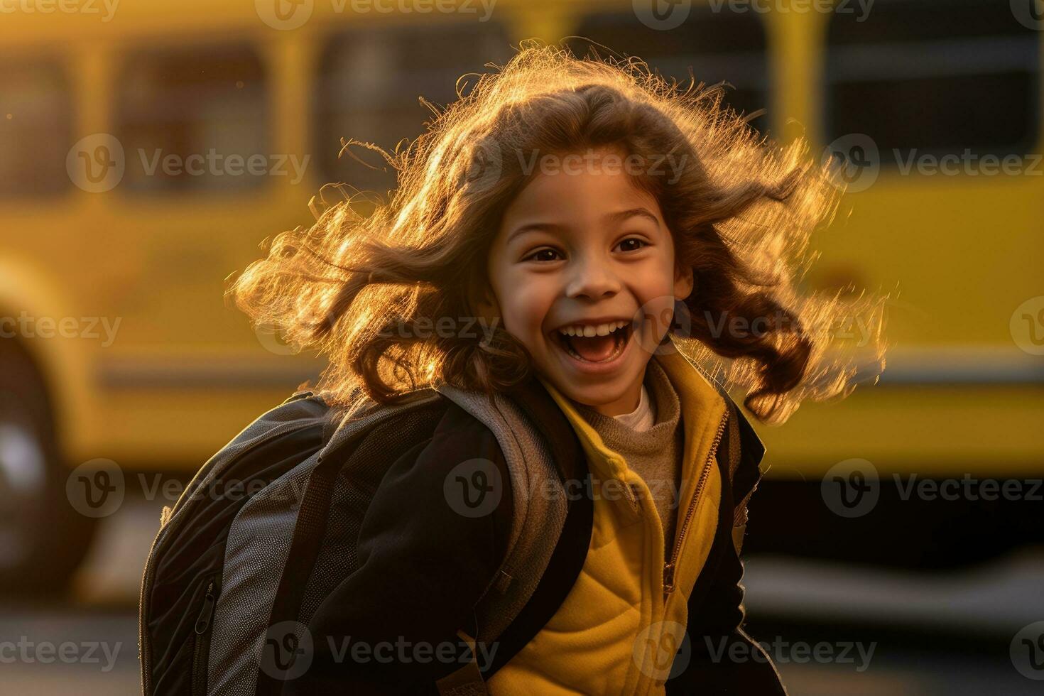 A young girl as she poses close - up with her school backpack waiting in front of a yellow school bus. Generative AI photo