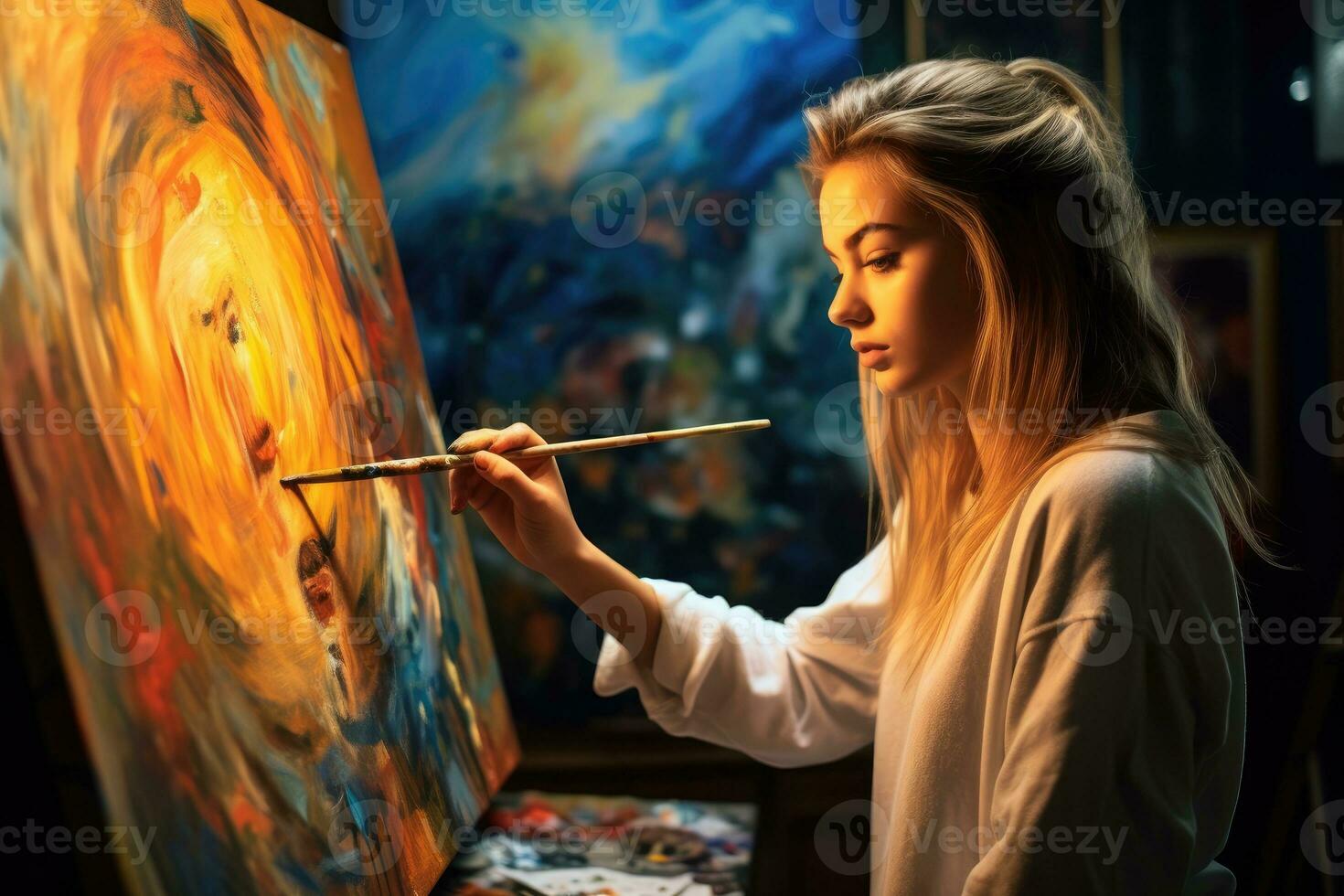 A young woman artist passionately painting on a canvas. Generative AI photo