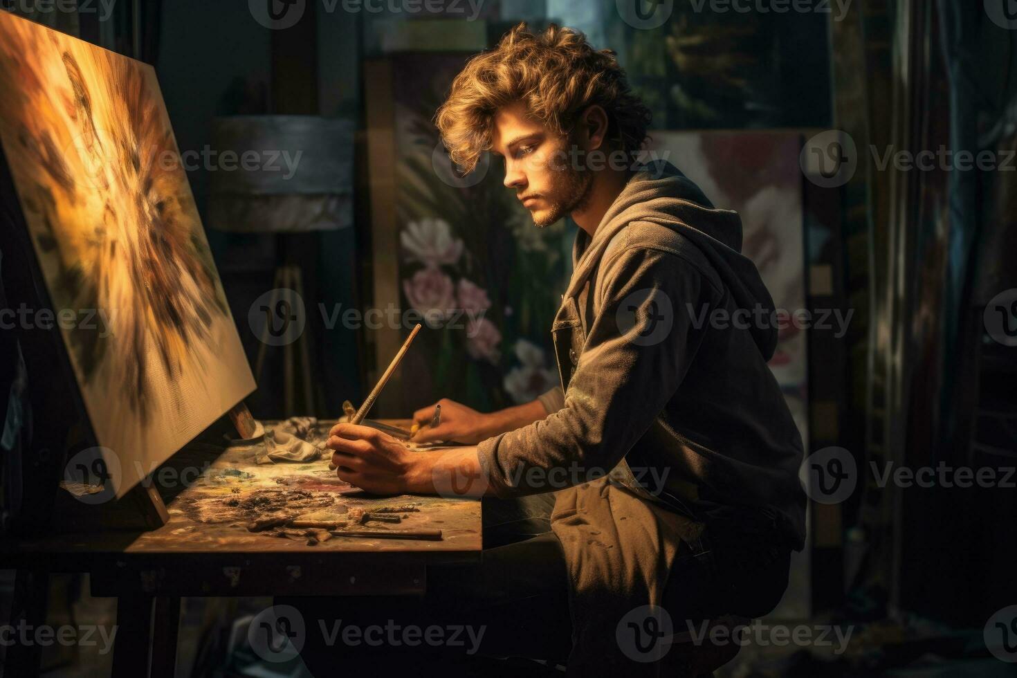 A young man artist passionately painting on a canvas. Generative AI photo