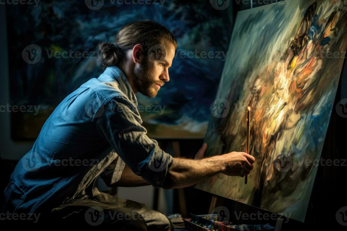 A young man artist passionately painting on a canvas. Generative AI photo