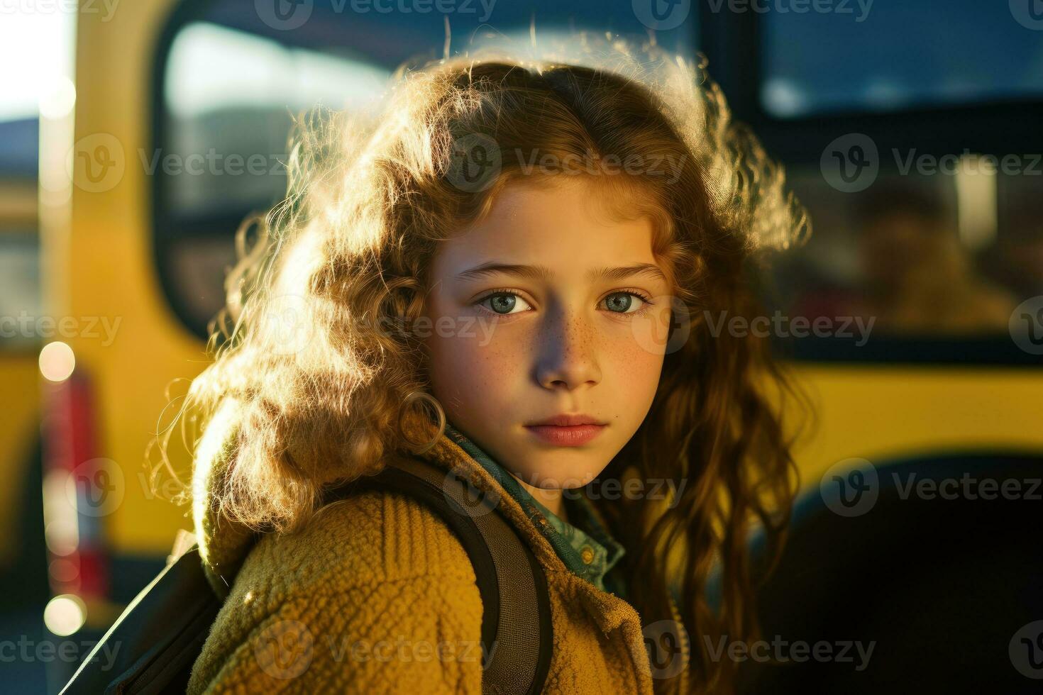 A young girl as she poses close - up with her school backpack waiting in front of a yellow school bus. Generative AI photo