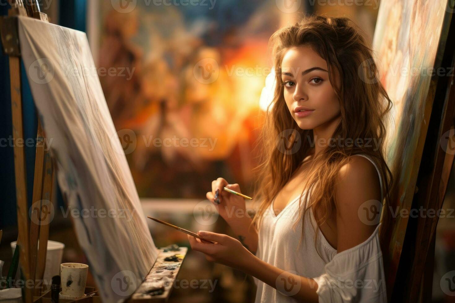 A young woman artist passionately painting on a canvas. Generative AI photo