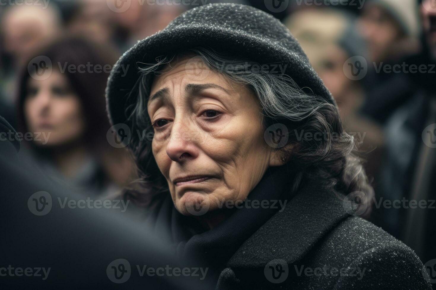 A close-up shot of a sad woman at the graveside during a funeral. Generative AI photo