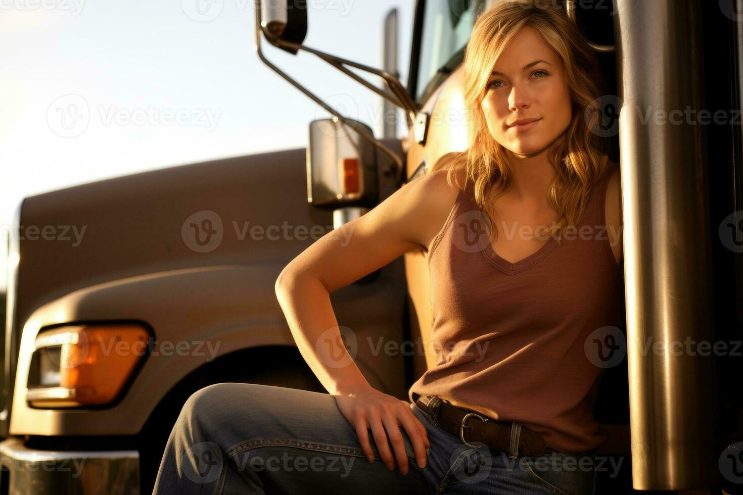 A young female truck driver as she poses in front of her truck with a warm smile. Generative AI photo