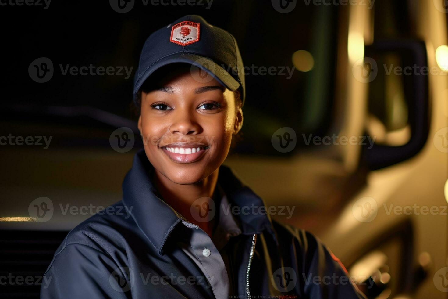 A young female truck driver as she poses in front of her truck with a warm smile. Generative AI photo