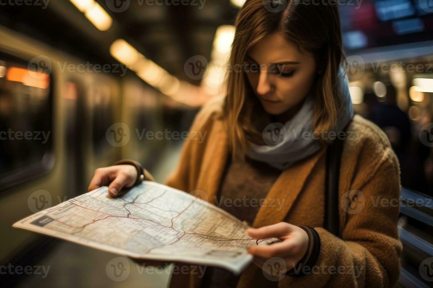 un cerca - arriba Disparo de un mujer participación un metro mapa en su manos, estudiando el rutas y planificación su viaje. generativo ai foto