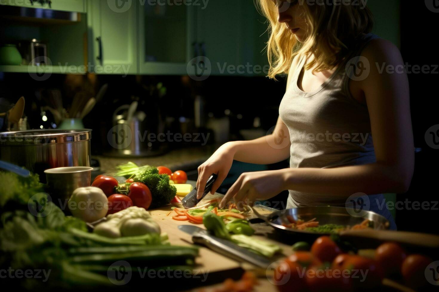 A young woman as she prepares a delicious meal in the close - up shot of her home kitchen. Generative AI photo