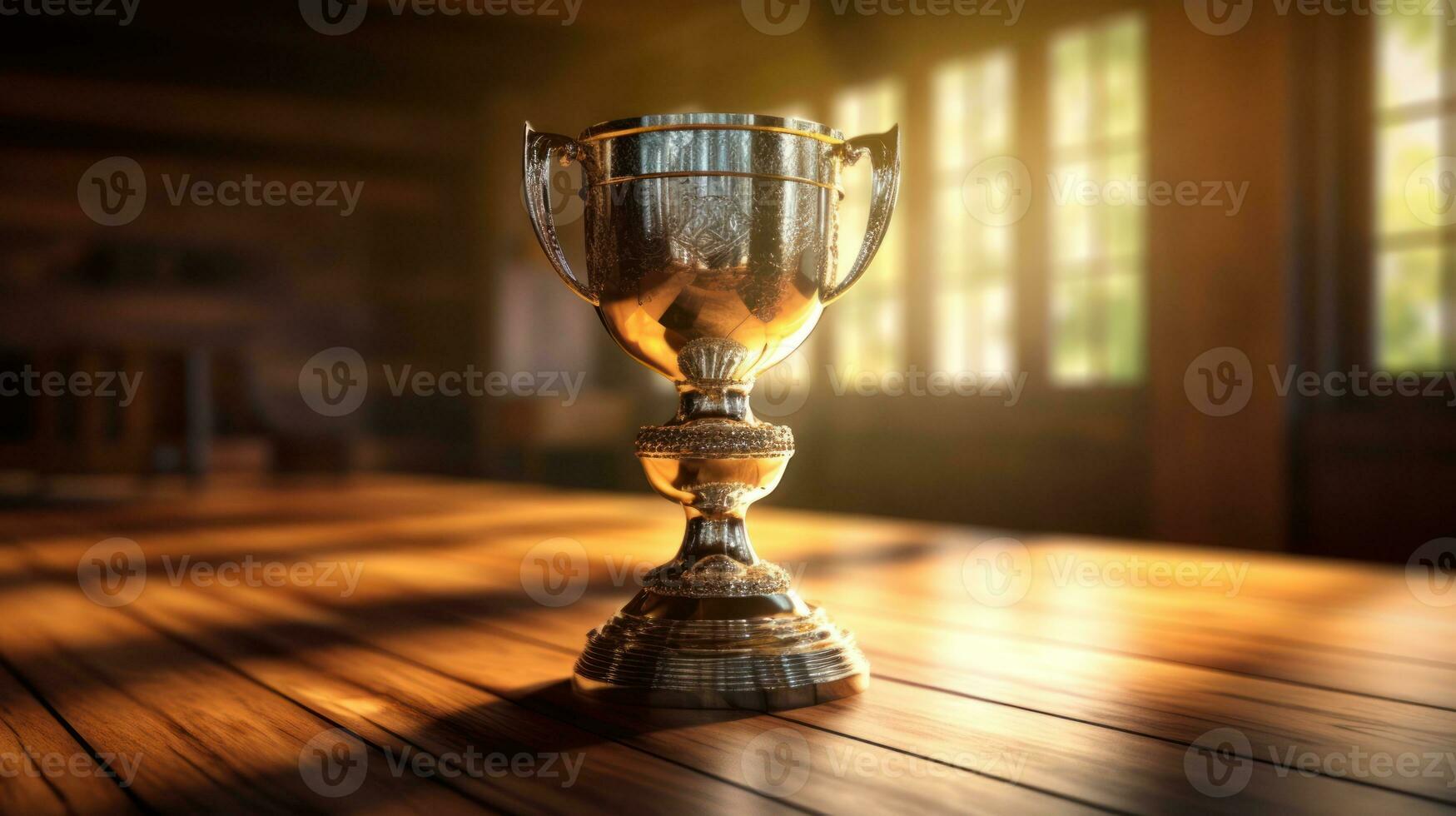 Gold trophy on wooden background photo