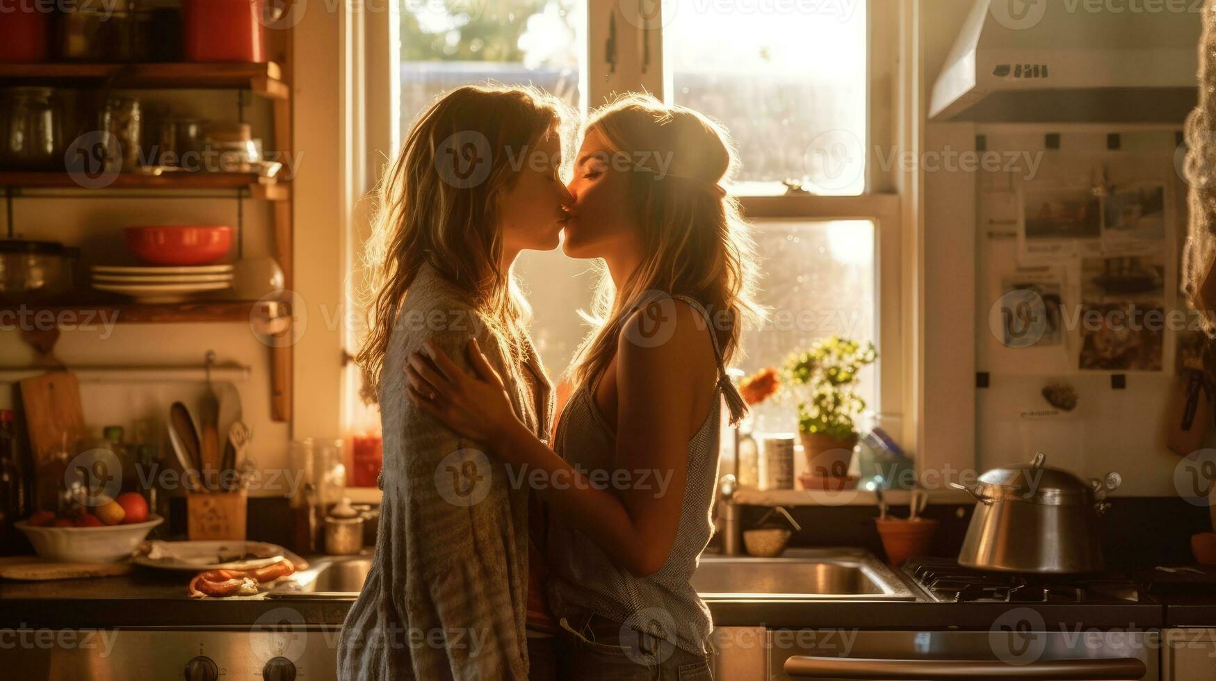 lesbiana Pareja besos en el cocina foto