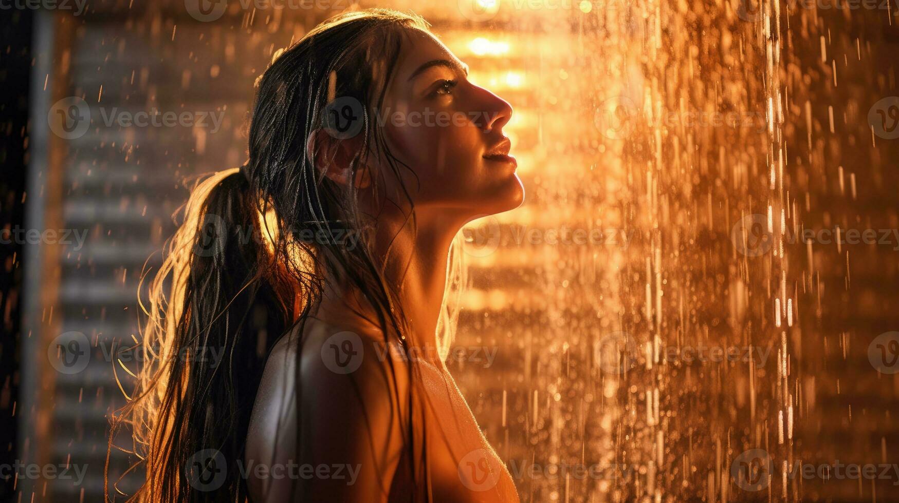 Woman taking a bath under the shower photo