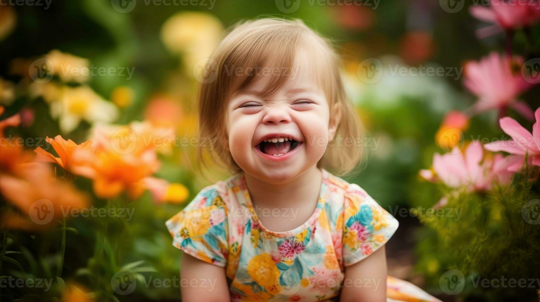 Happy down syndrome little girl walking in a flower garden photo