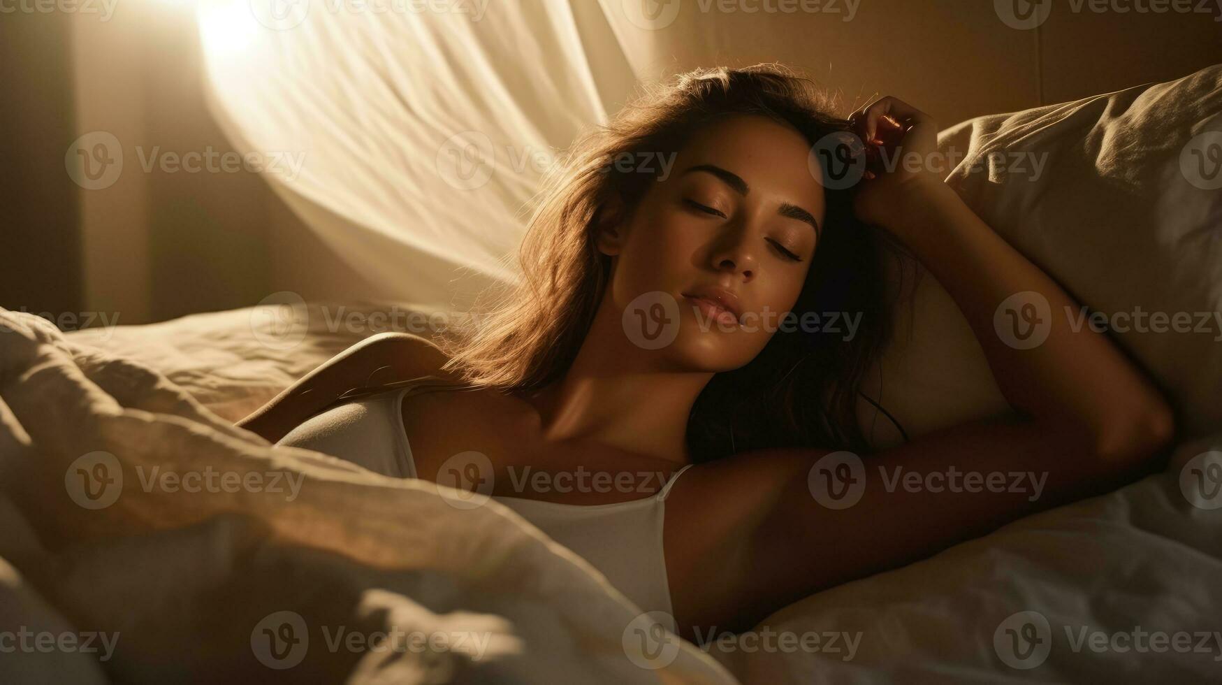 joven hermosa mujer dormido en su cama en oscuro ligero foto