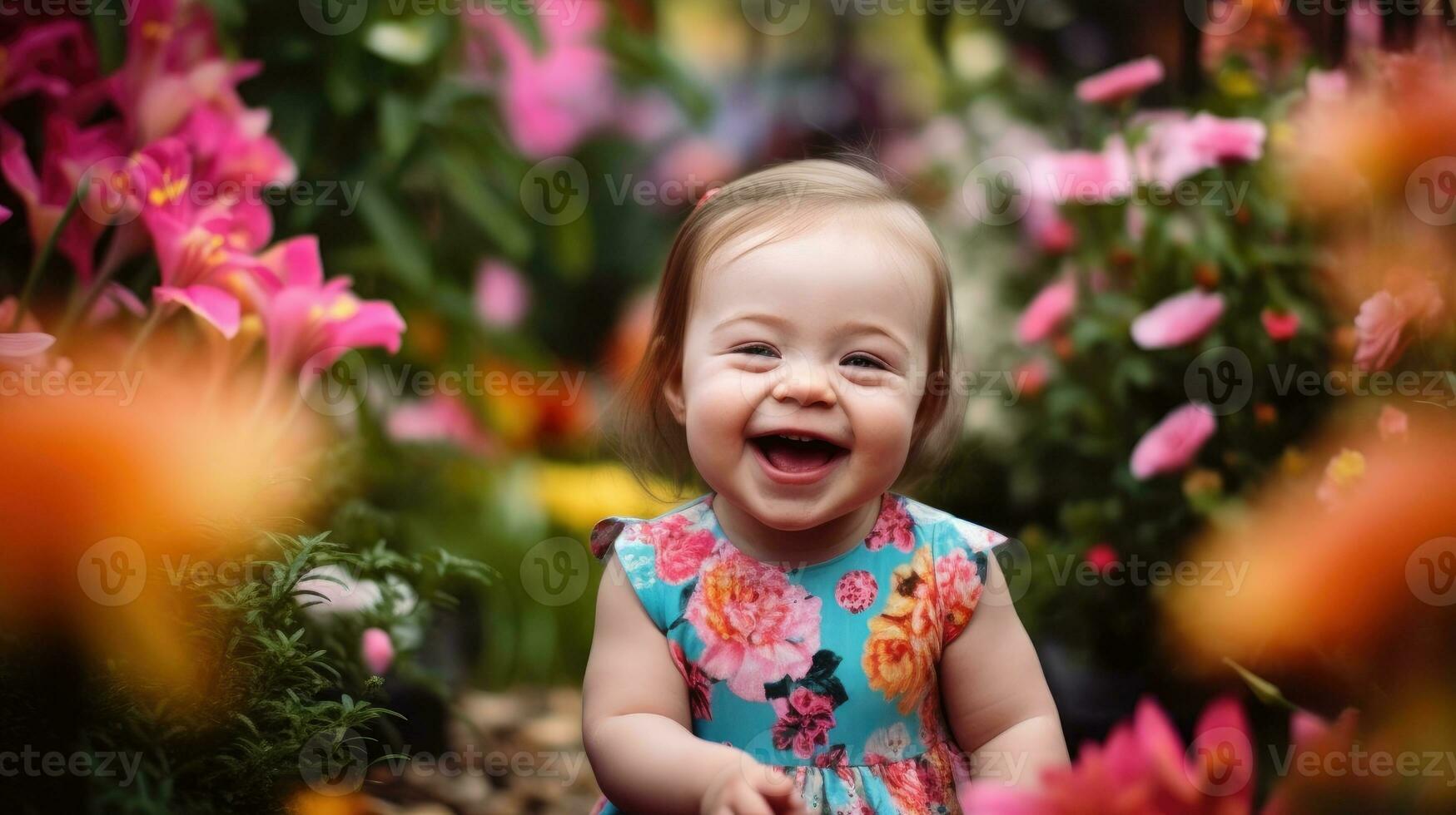 Happy down syndrome little girl walking in a flower garden photo