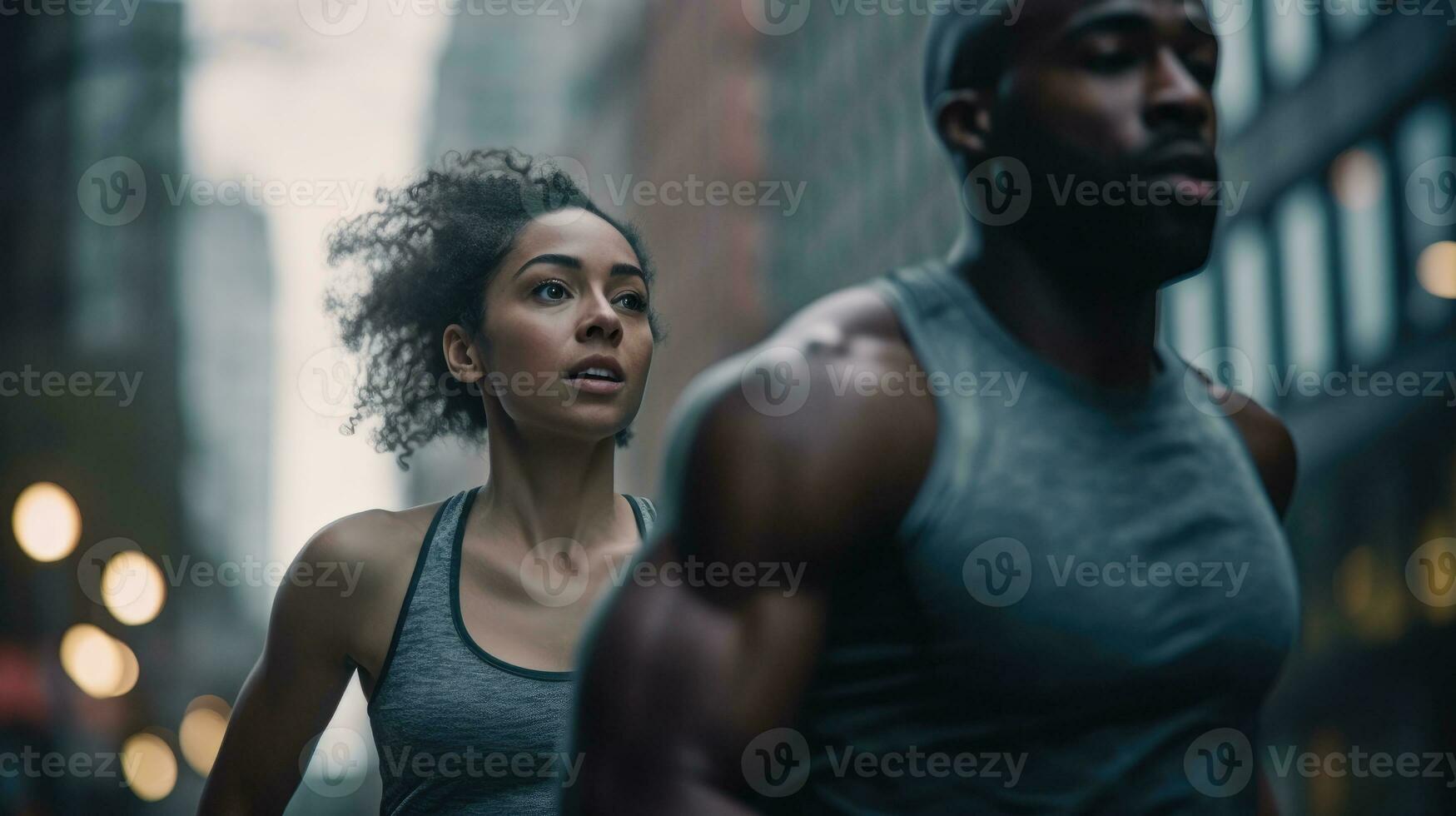 Young couple running for sports on the street photo