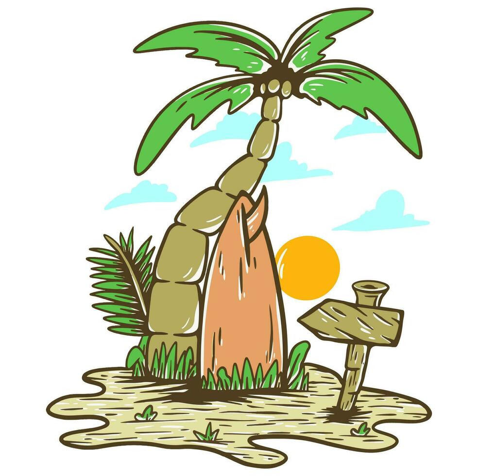 Palm tree surfboard beach vibes illustration vector