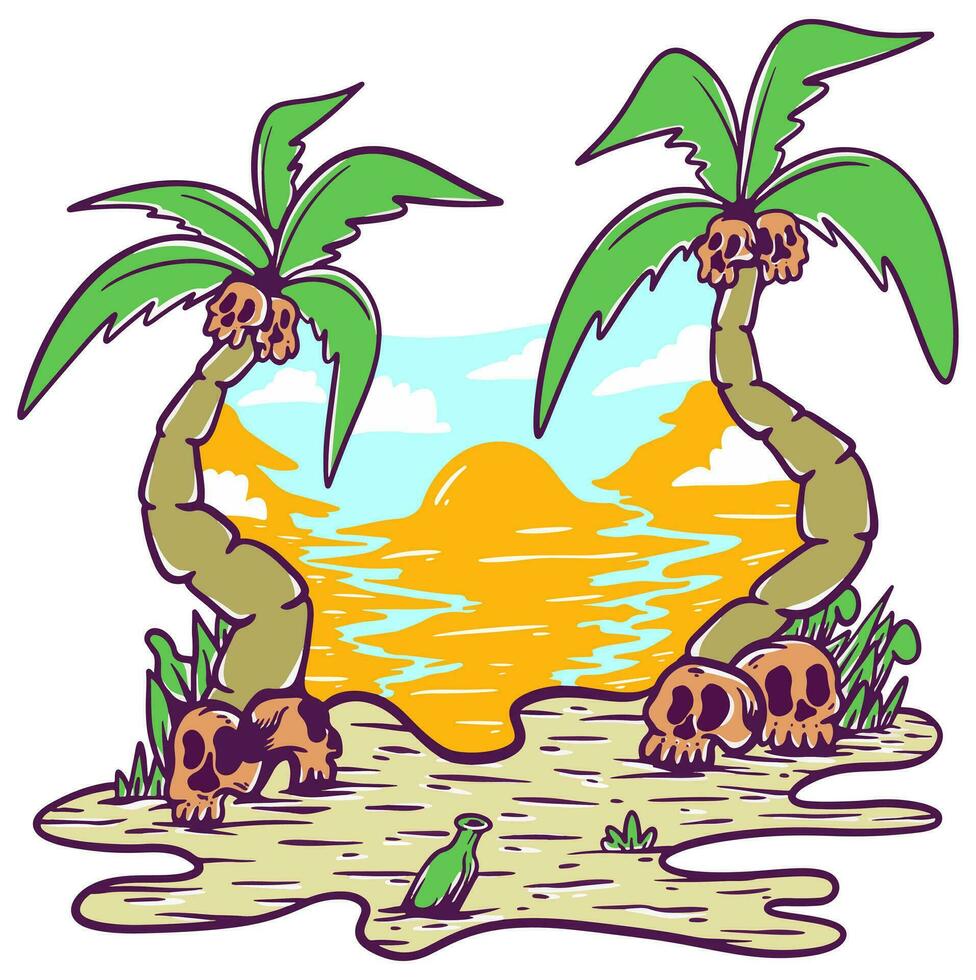 Skeleton beach summer sunset vibes illustration vector