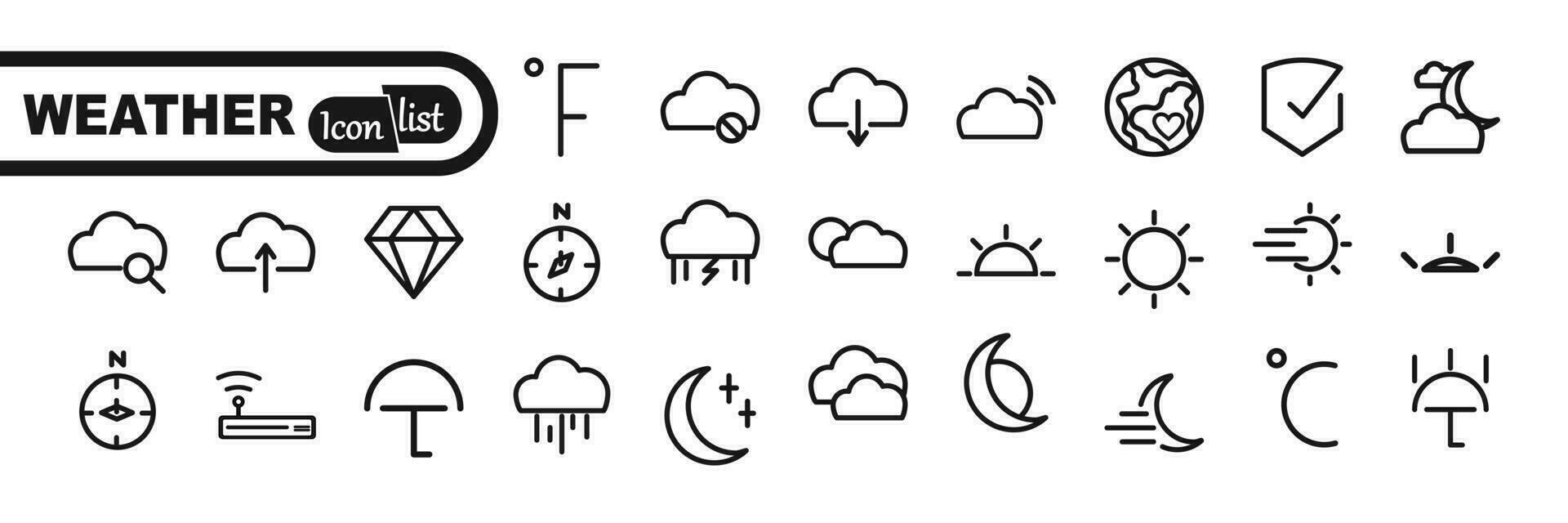 Weather icons. Weather forecast icon set. Clouds logo. Weather , clouds, sunny day, moon, snowflakes, wind, sun day. Vector illustration.