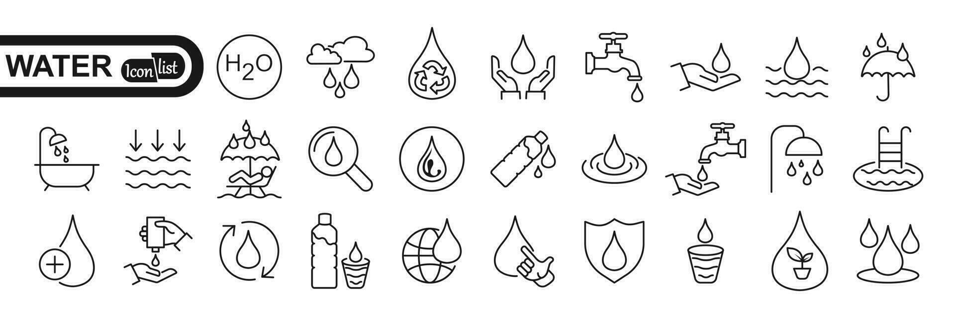 Water drops icon set. Editable vector pack of water line icons. A drop of water. Glass, magnifier, washing hands, shower. Vector illustration