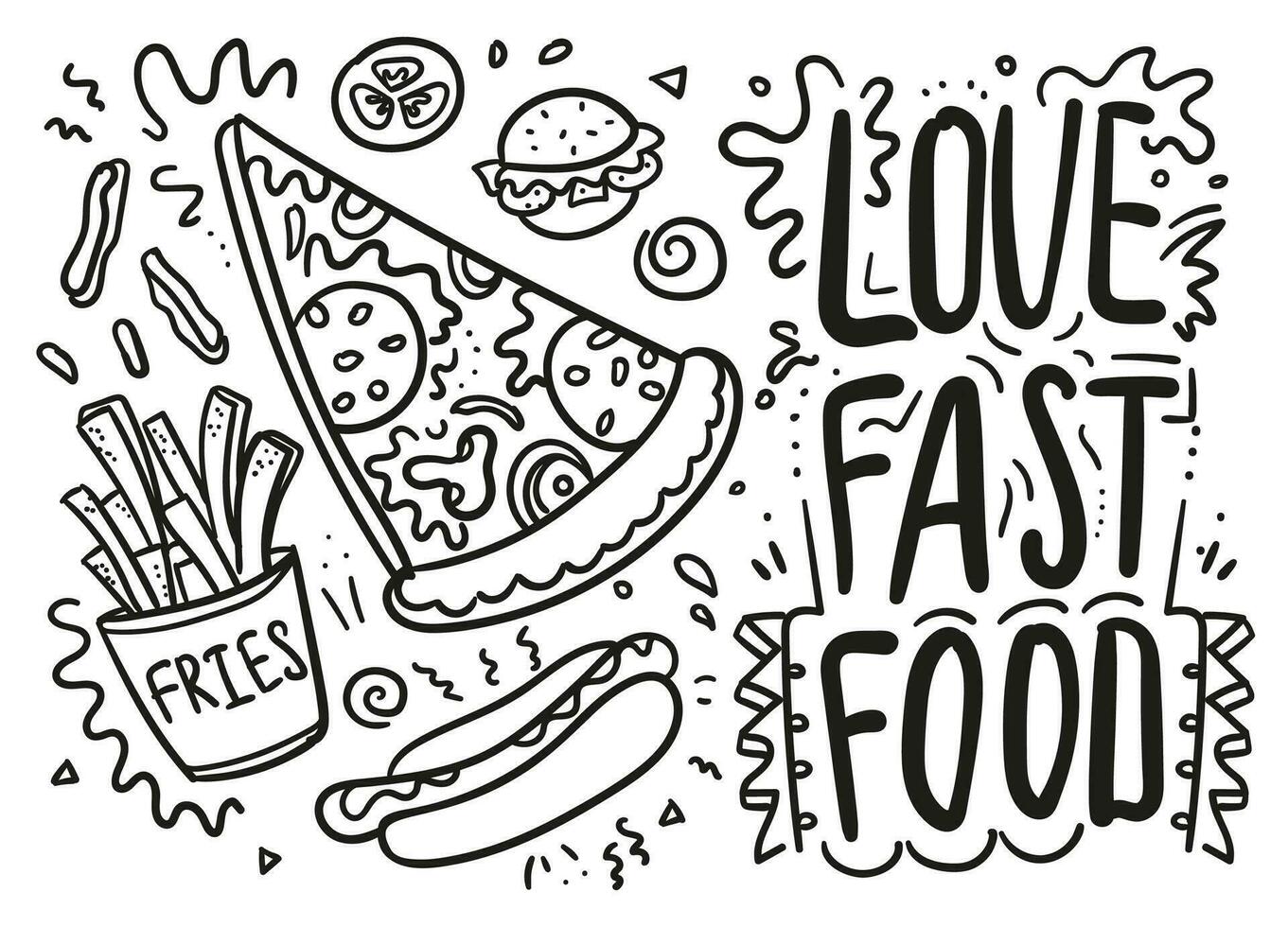 Fast food doodle icons set with pizza, fries, hot dog, burger and hand drawing lettering. Love fast food vector line sketch for cafe menu, card, birthday card decoration