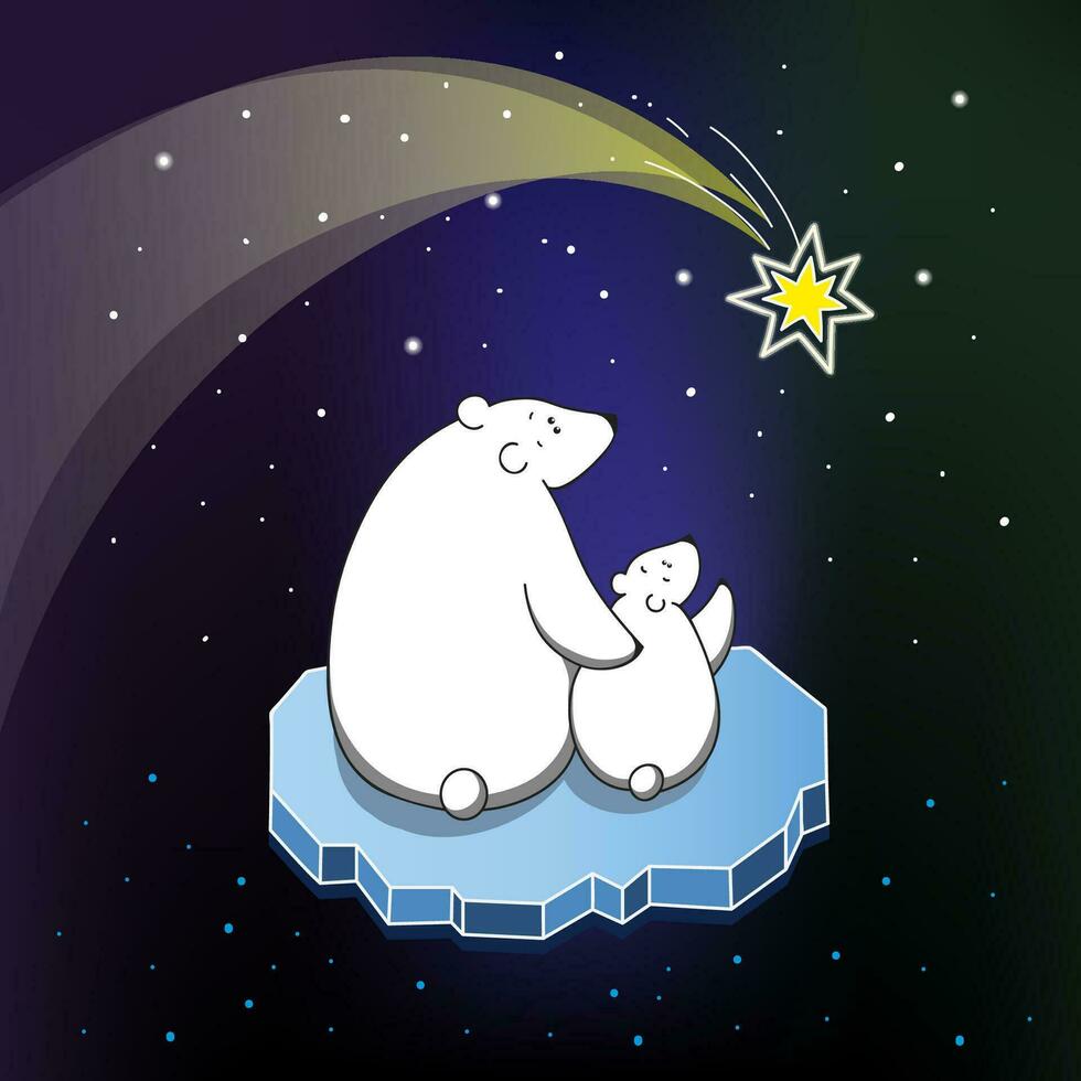 Mom and baby polar bears look at a shooting star on an ice floe vector