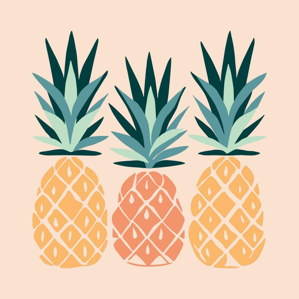 Hand drawn abstract boho poster with pineapple tropical fruit, isolated. Vector flat illustration. For pattern, logo, posters, invitation, greeting card, wall art print.