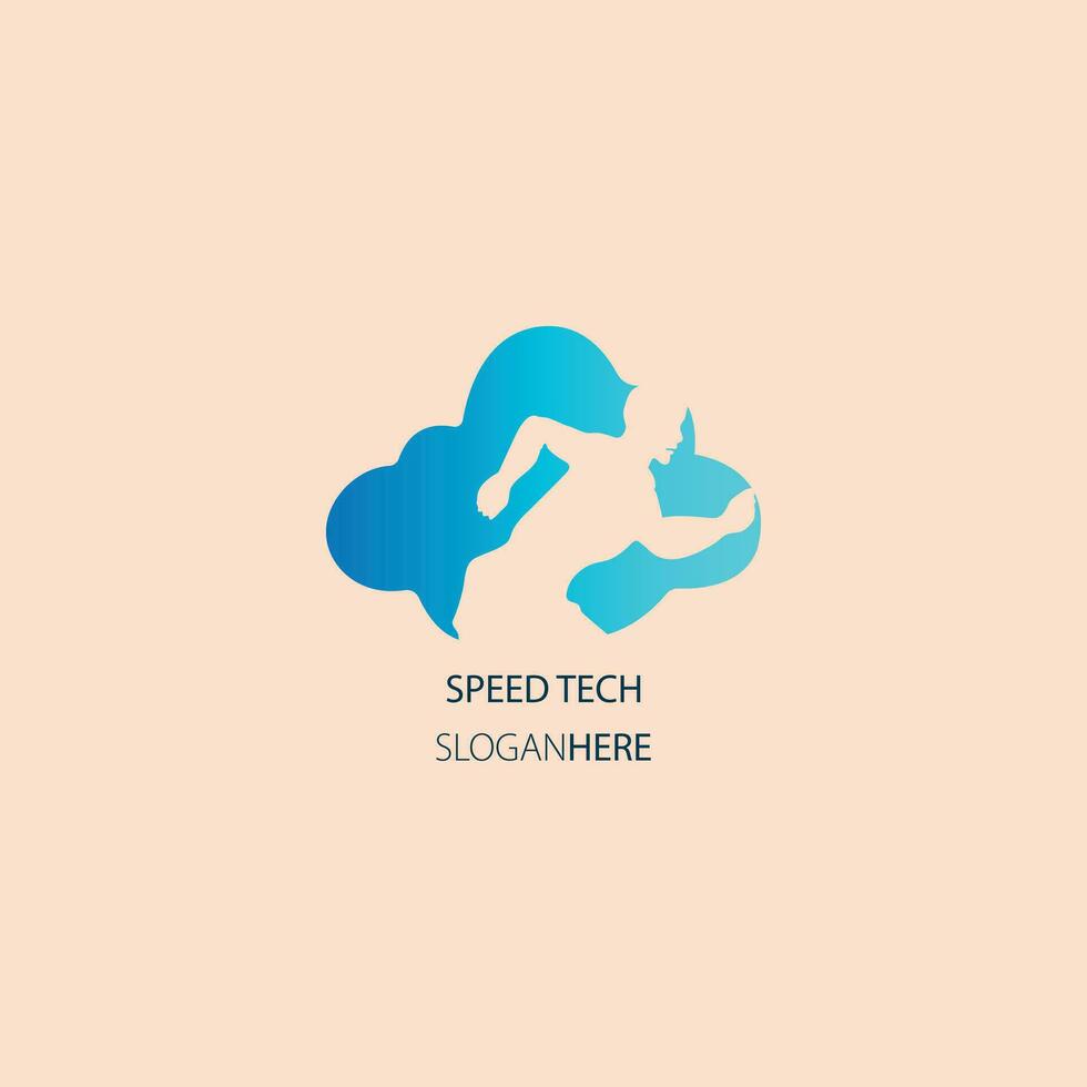 tech concept logo, cloud and man run, negative space logo, editable eps 10 vector