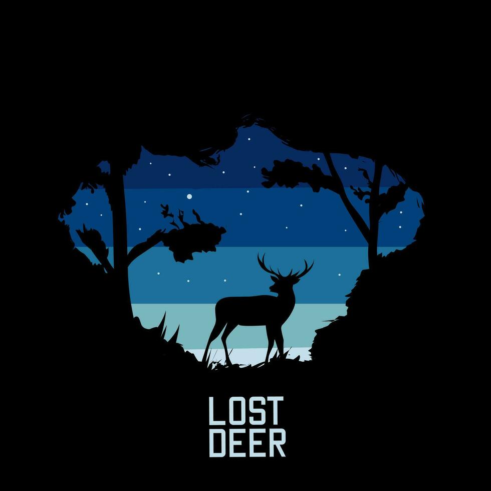 illustration vector of deer lost in middle forest, night scenery, perfect for print, t-shirt design, etc