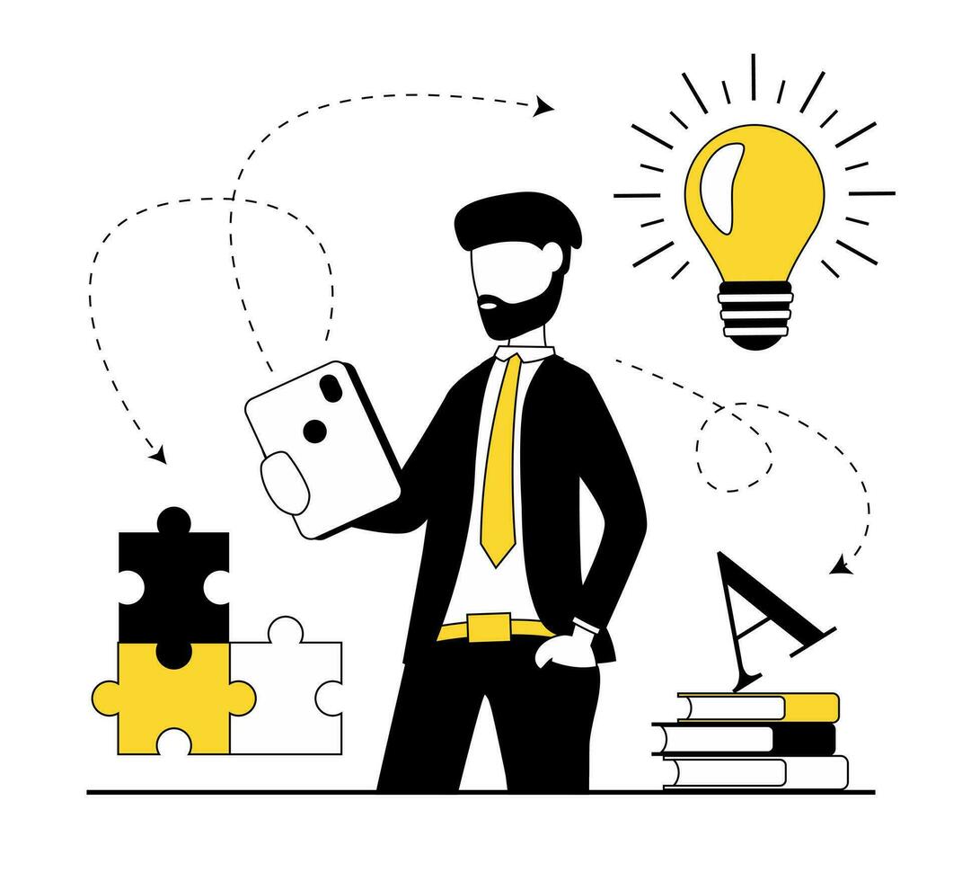 Online education. Around the businessman books, puzzles, letters, light bulb vector