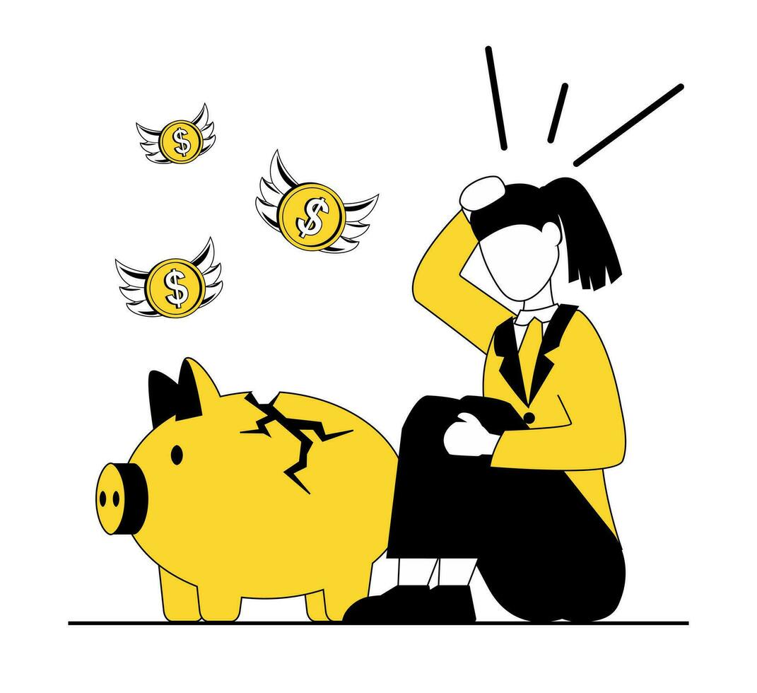 Business crisis. The businessman is desperate. Money flies out of the pig's broken piggy bank vector