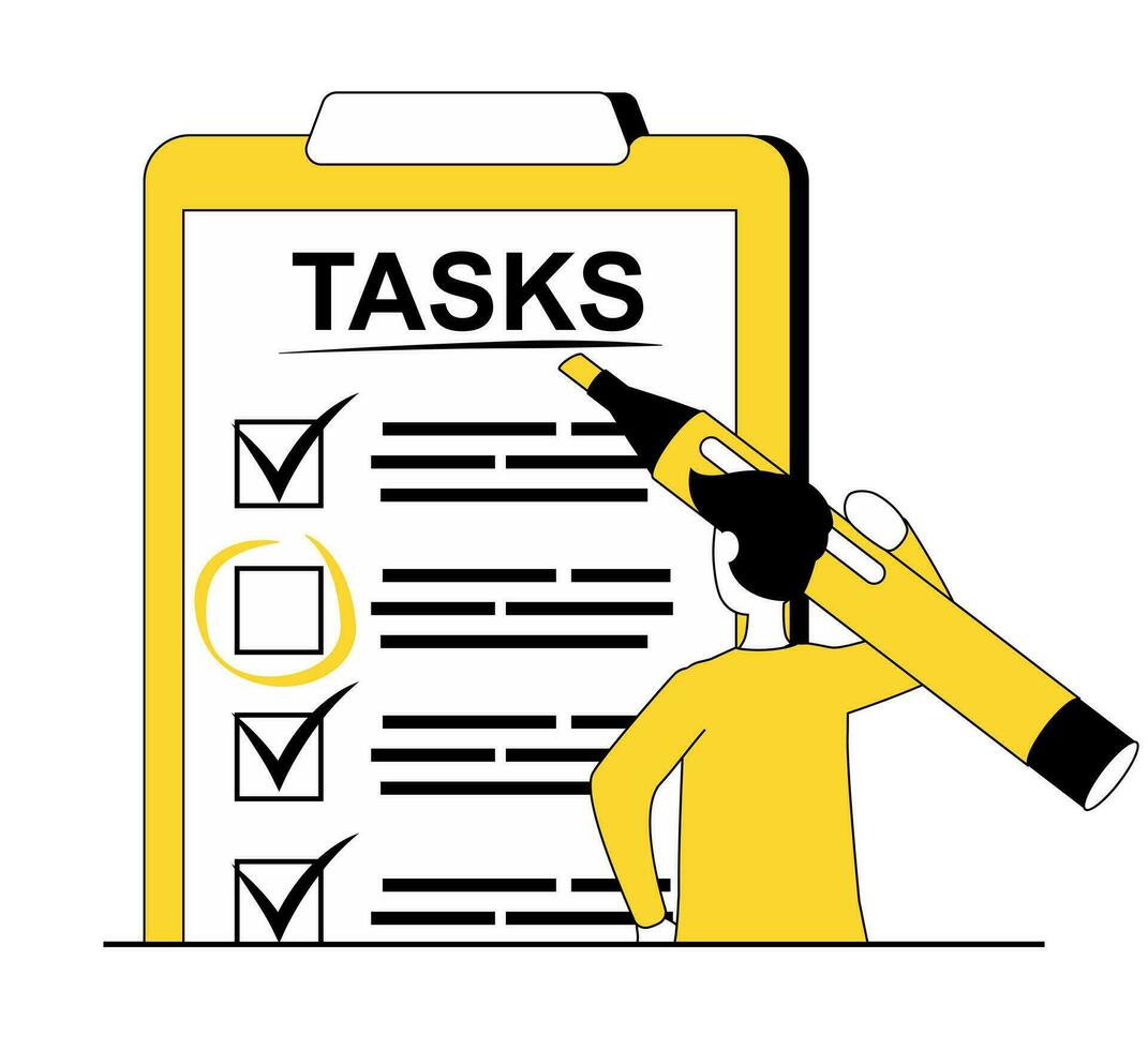 Planning. A man marks completed tasks on a list vector