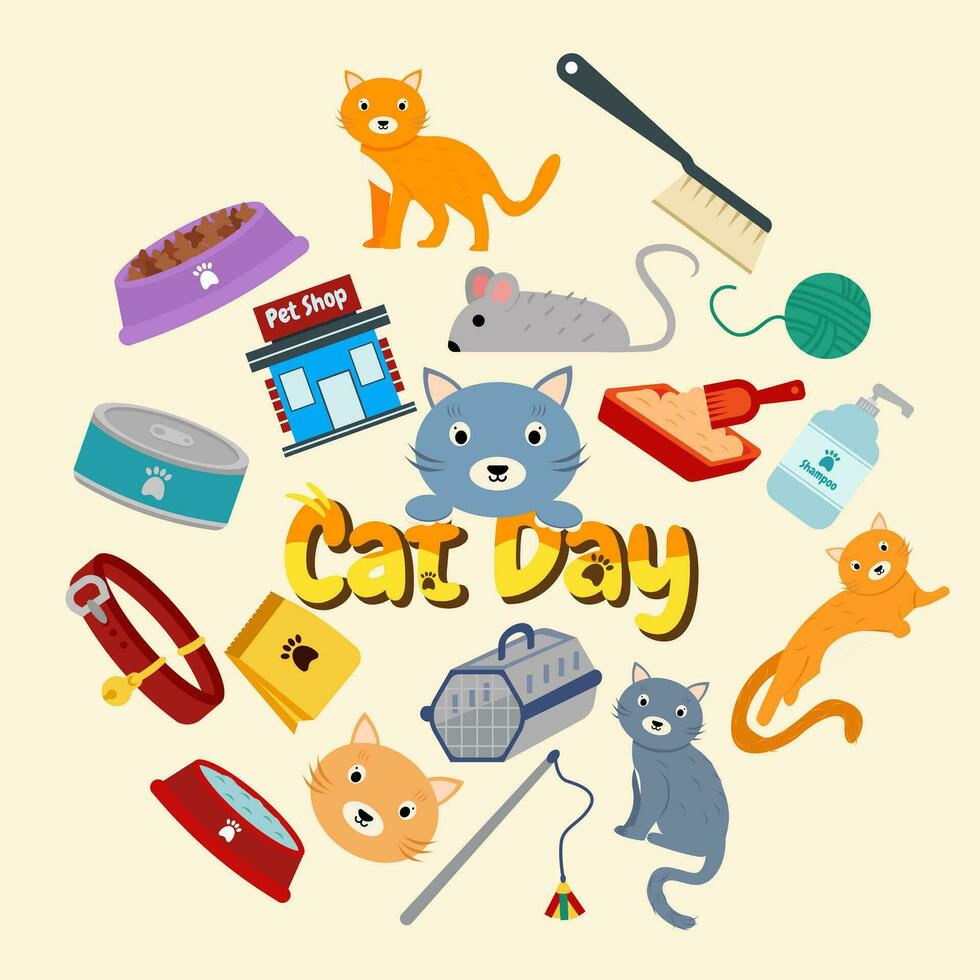 Bundle Element Cat Day Style Doodle. Vector Illustration