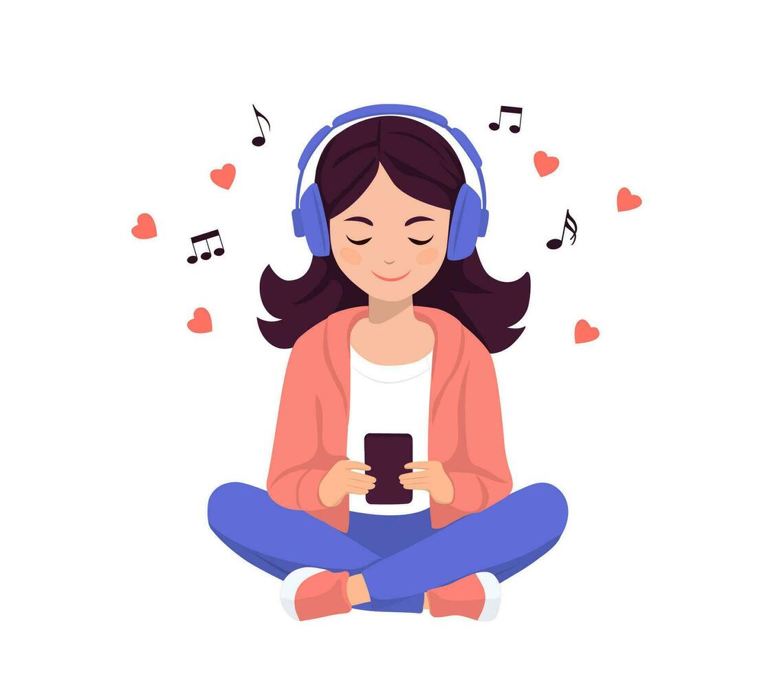 Woman enjoying songs in headset via smartphone.Music lover. Vector illustration.