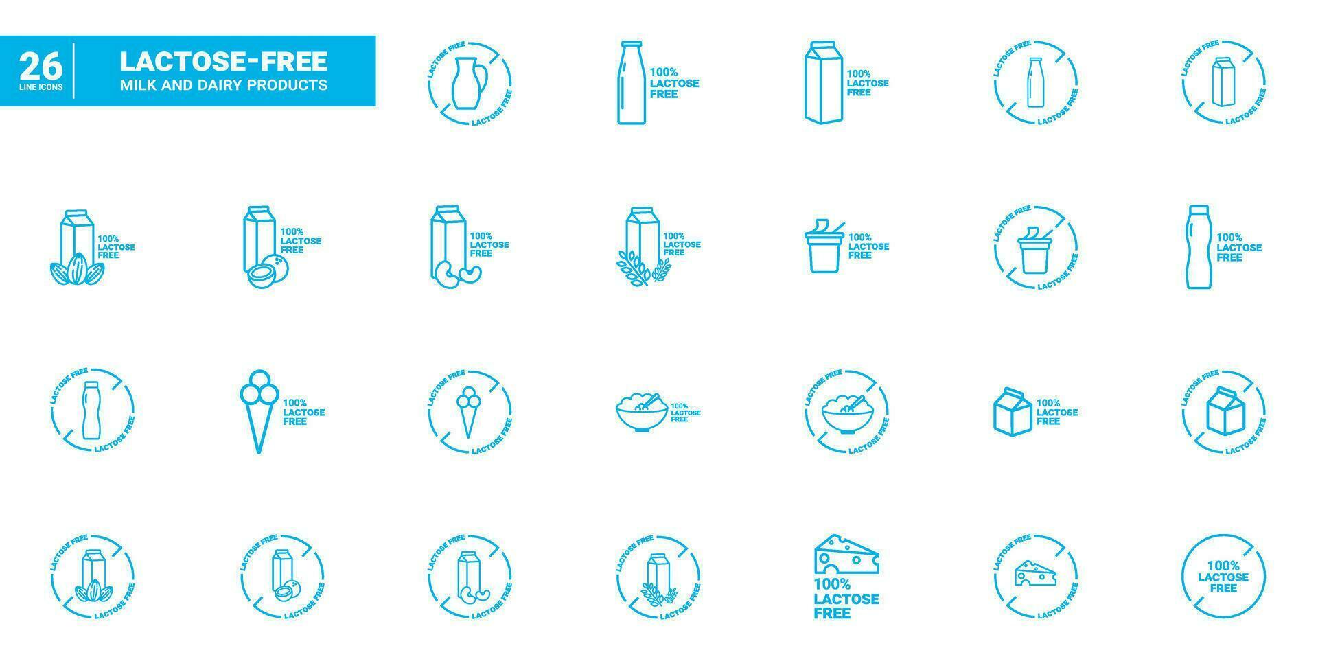 Linear simple icons with lactose free milk and dairy products.Set of outline icons for lactose free diet. Lactose free line icons for web, app, mobile and print. vector