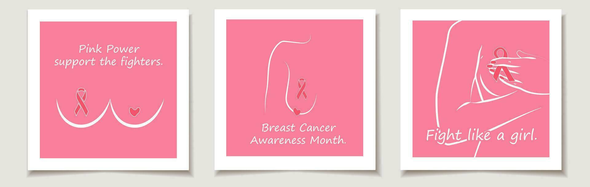 Set of breast cancer day cards with Set  Line art breast. Pink ribbon month of breast cancer, international breast cancer day worldwide. vector