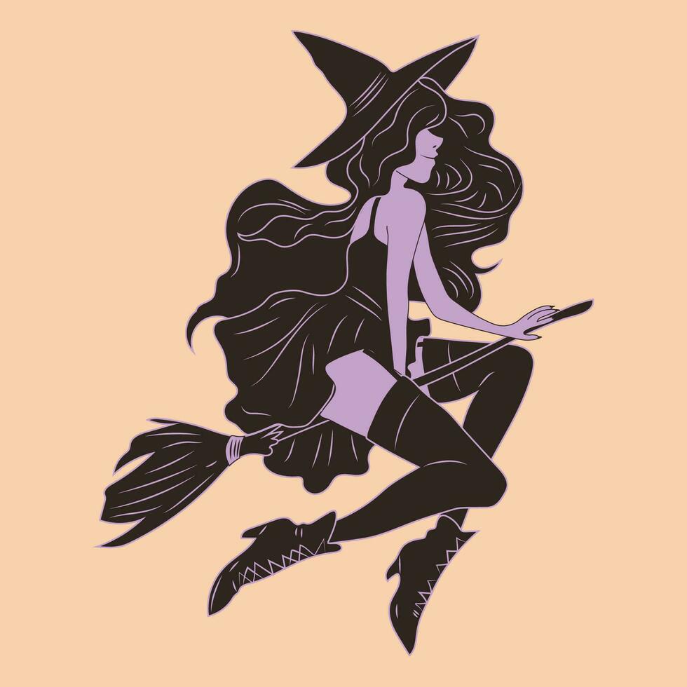 Witch. Cute ladies. Pin-up, retro style. Halloween costume concept. Hand drawn modern Vector illustration. Poster, sticker templates