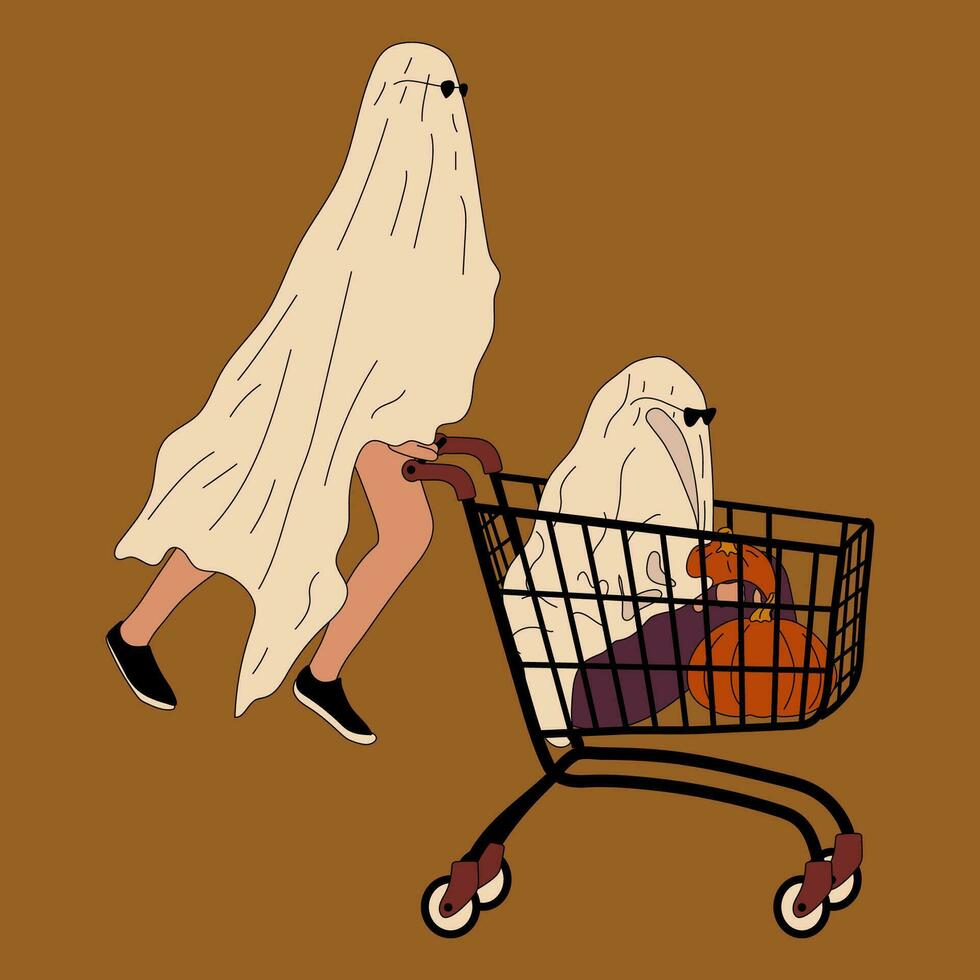 Couple in Halloween costume. Ghost. Flat design style vector illustration.
