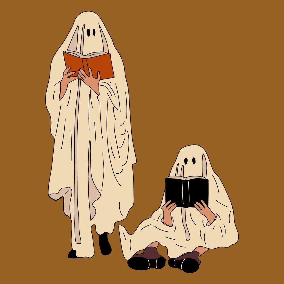 Pareja en Víspera de Todos los Santos traje. fantasma. plano diseño estilo vector ilustración.