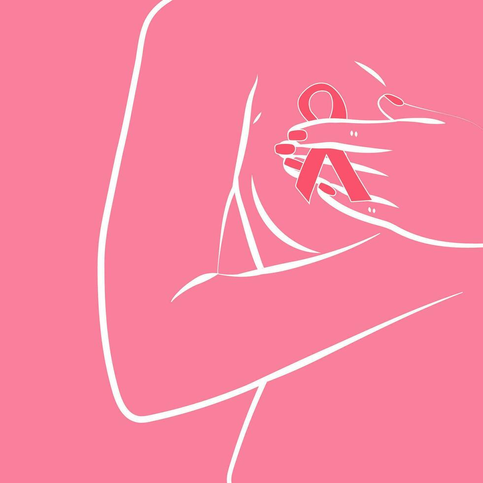 Line art breast. Pink ribbon month of breast cancer, international breast cancer day worldwide. vector