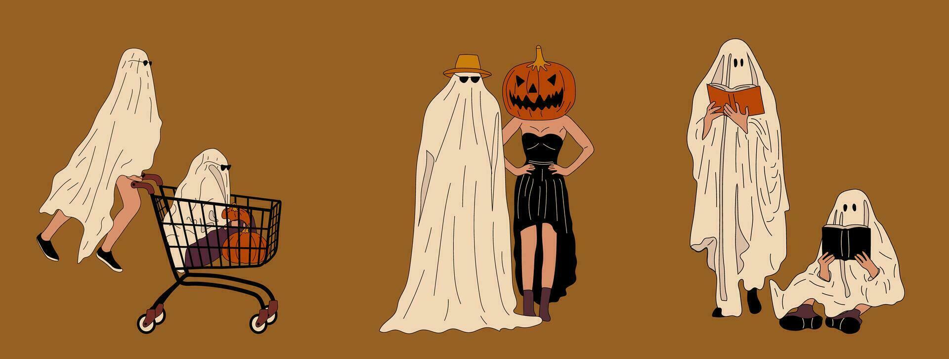 Set of Couples in Halloween costume. Ghost. Flat design style vector illustration