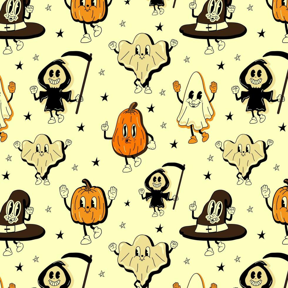 Seamless pattern with halloween 30s cartoon mascot character 40s, 50s, 60s old animation style. Cartoon cheerful halloween mascot vector