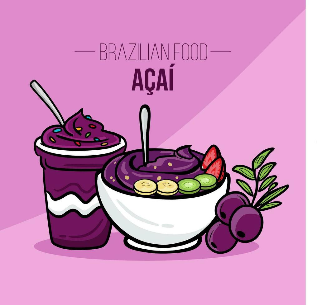 acai taza y cuenco con frutas brasileño comida vector