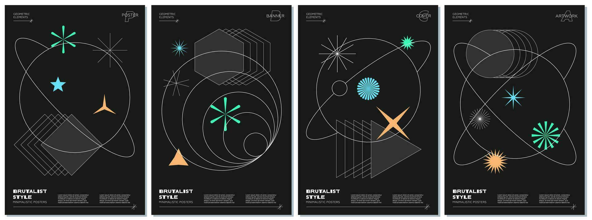 Abstract brutalism poster set with geometric linear planets and memphis shapes on black space background. Modern brutalist style minimal simple graphic prints. Brutal trendy y2k design vector design