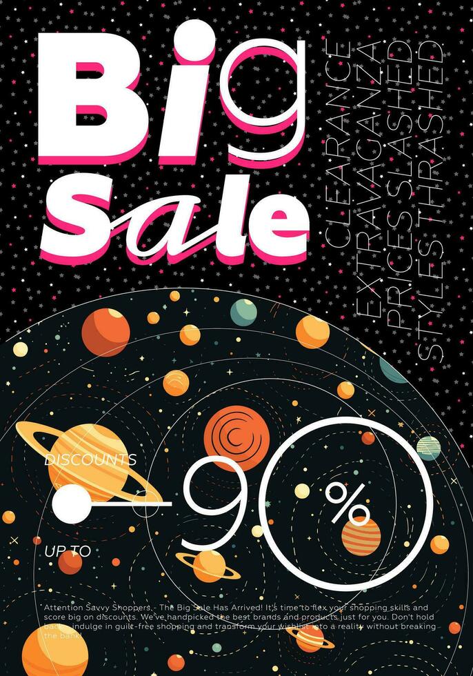 Big sale and discount poster. Promo inscription on abstract space pattern background. Black Friday trendy placard with advertising text. Creative typography art print. Fashion shopping cover template vector
