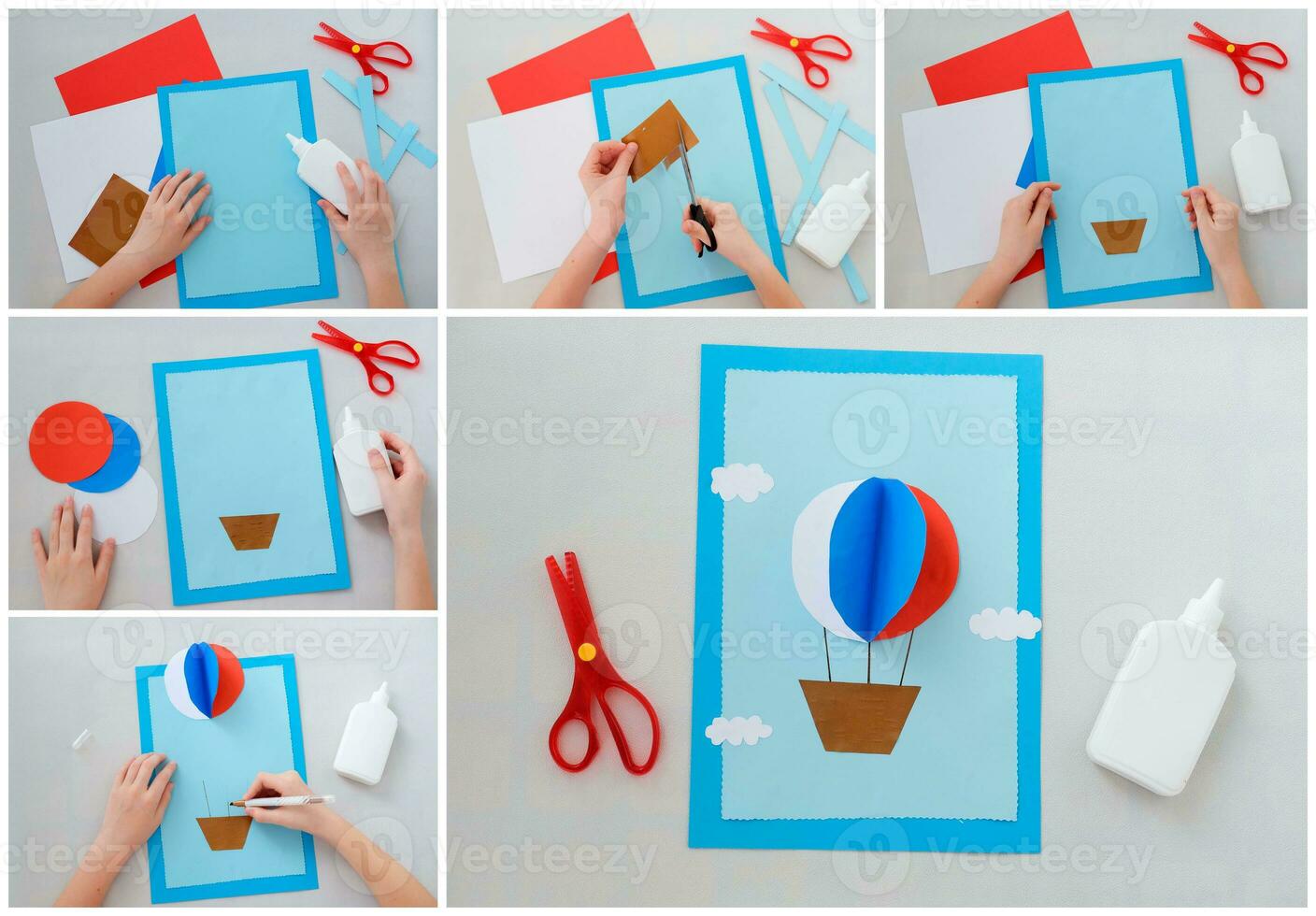 Balloon step by step instructions from colored paper. DIY concept. Step by step photo instruction. Application. Collage