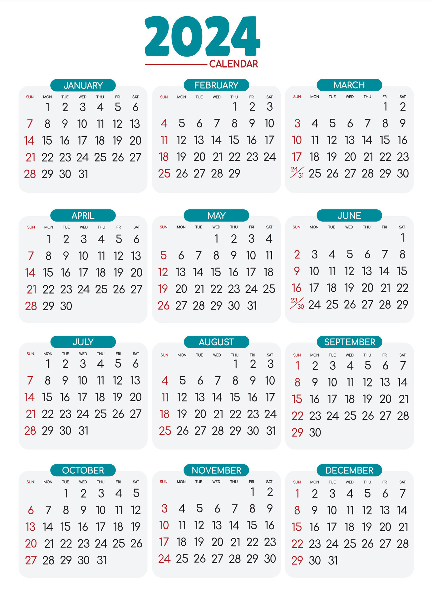 calendario 2024 - todas meses 26819244 Vector en Vecteezy