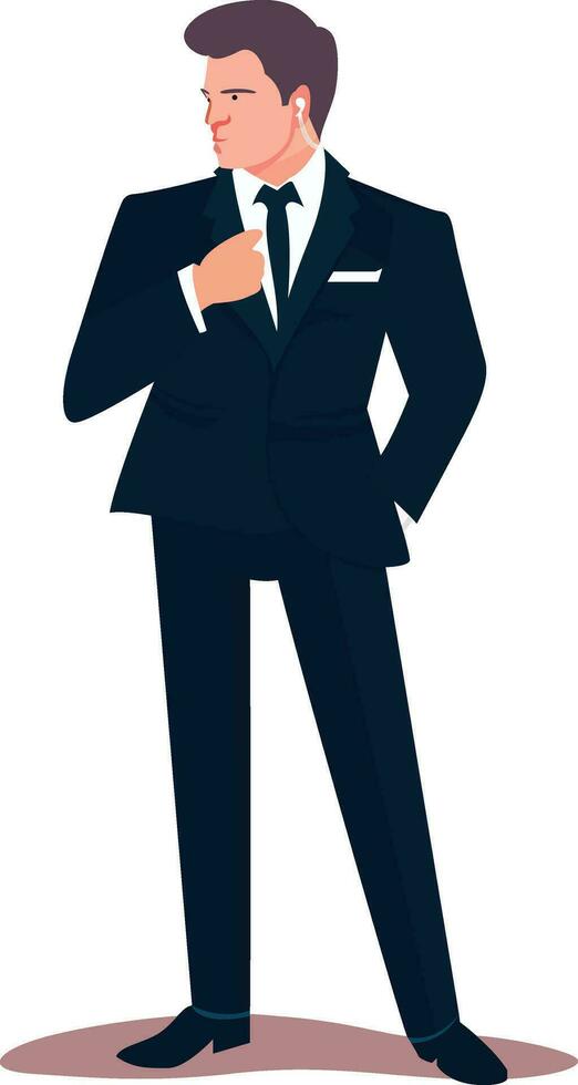 Secret service personnel, one hand in pocket, earpiece, looking out flat style stock vector illustration, Spy , security guard, body guard , man in black flat style stock vector image
