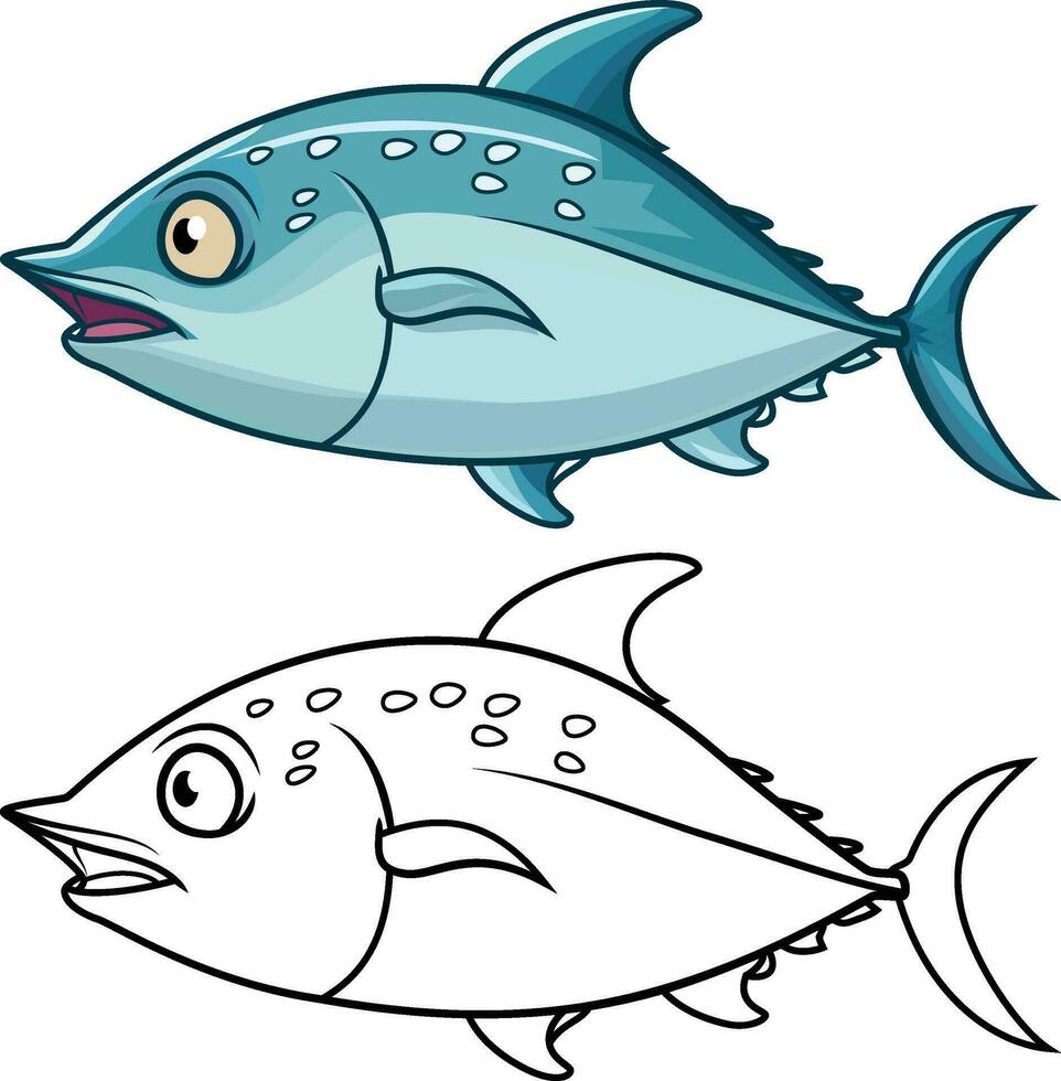 Cartoon Tuna fish vector illustration, mackerel salt water fish stock vector image, colored and black and white line artwork