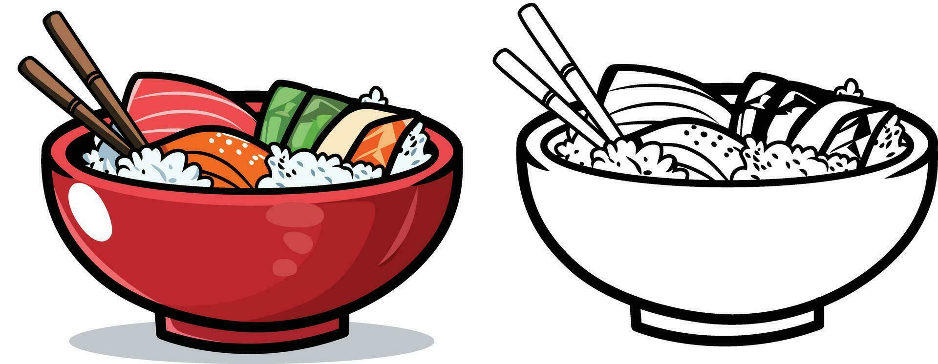 Sushi cuenco dibujos animados vector ilustración, Sushi japonés platos valores vector imagen, de colores y negro y blanco acortar letras