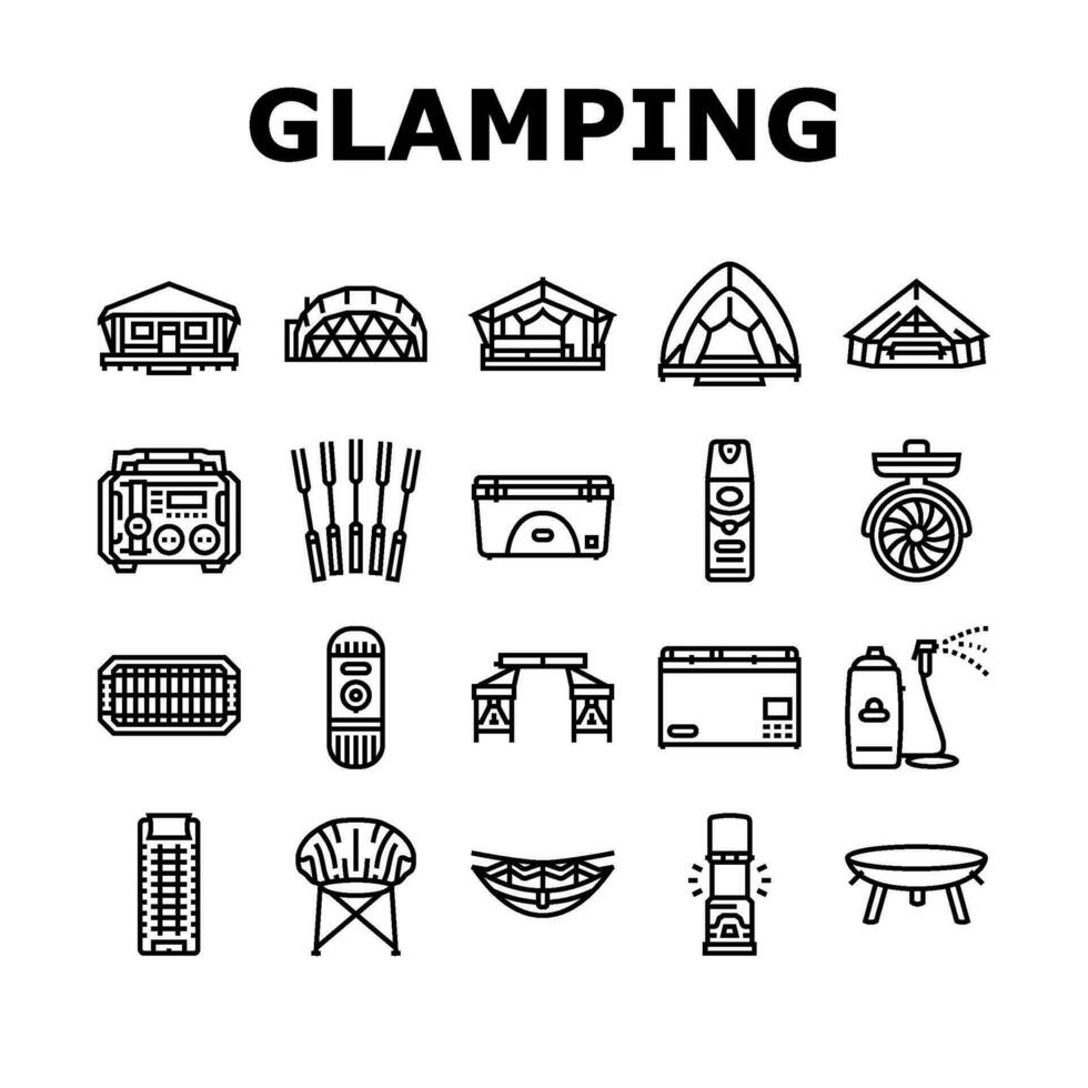 glamping tent nature luxury icons set vector